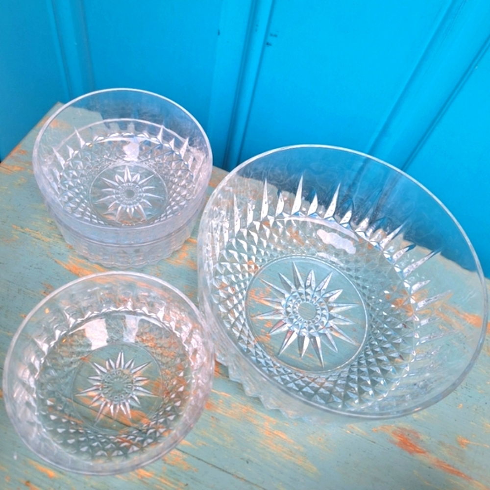 Vintage Crystal Serving Bowls France Clear Cut Glass Decor Salad Fruit 4 Pieces